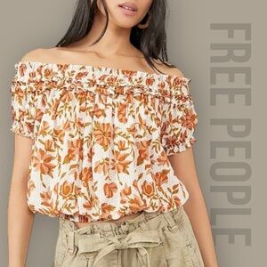Free People FP One Suki Top Medium Orange Floral Off-Shoulder Smocked Blouse